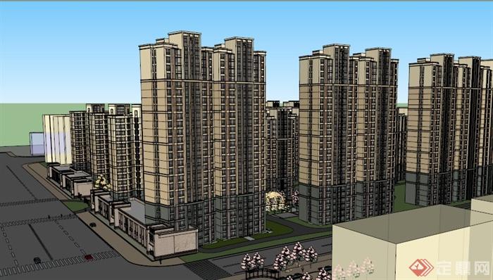 某现代高层市中心电梯房小区住宅建筑设计SU模型(1)