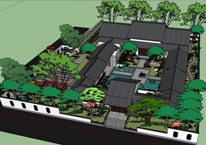 某中式风格住宅建筑设计SU(草图大师)模型（带庭院景观）