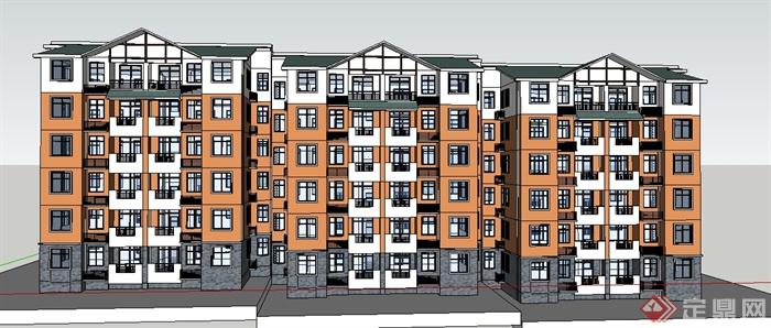 某现代三联排六层住宅建筑设计su模型(2)