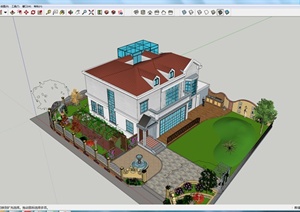 某双层别墅建筑设计SU(草图大师)模型（带庭院景观）