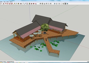 东南亚风格单层滨水住宅建筑设计SU(草图大师)模型