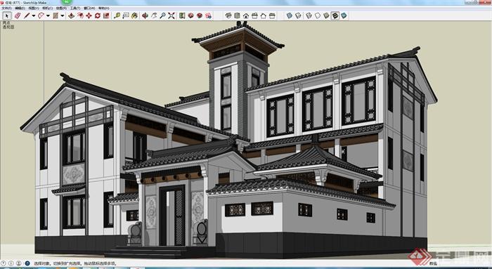 新中式风格多层别墅住宅建筑设计SU模型