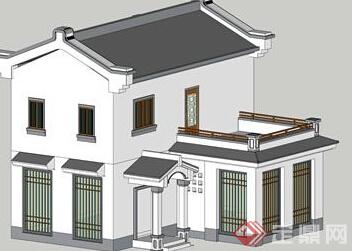 一个新中式小别墅建筑设计SU模型素材(2)