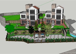 某现代两栋私家住宅建筑景观规划设计SU(草图大师)模型