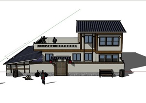 某现代中式两层庭院是住宅建筑设计SU(草图大师)模型