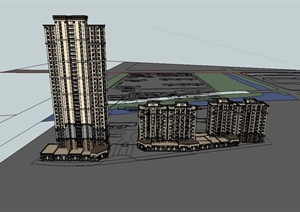 三栋商住楼建筑设计SU(草图大师)模型