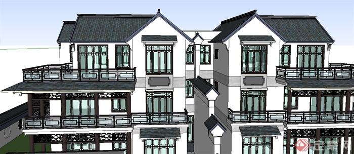 某现代中式风格三层别墅建筑设计su模型(2)
