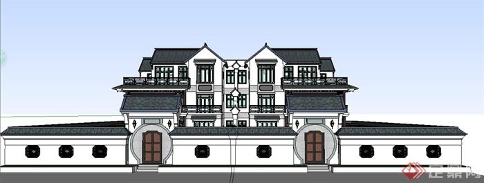 某现代中式风格三层别墅建筑设计su模型(3)