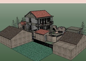 现代风格多层农村自建含庭院住宅建筑设计SU(草图大师)模型