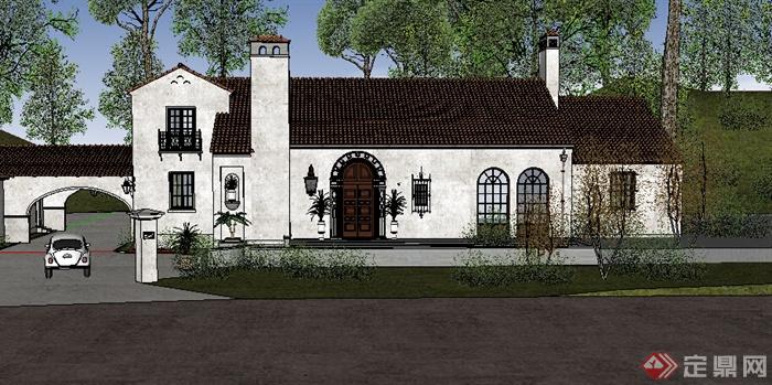 某室外欧式特色别墅建筑设计SU模型（含庭院）(2)