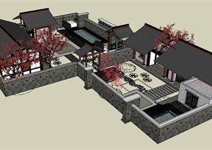 某中式风格单层庭院住宅建筑设计SU(草图大师)模型