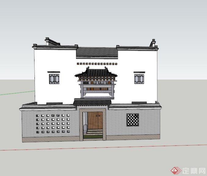 两栋古典中式两层庭院式住宅建筑设计SU模型(1)