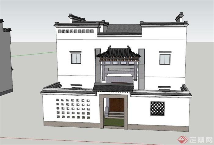 两栋古典中式两层庭院式住宅建筑设计SU模型(2)