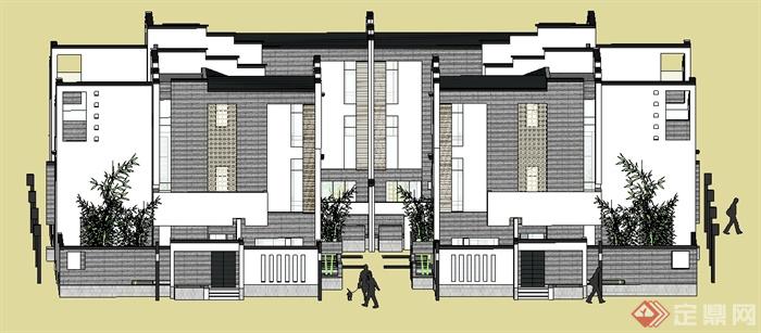 某现代中式风格双拼别墅建筑设计su模型(2)