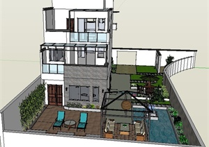 某中式风格住宅建筑设计SU(草图大师)模型（含庭院景观）