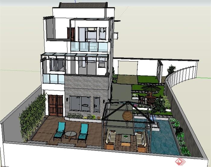 某中式风格住宅建筑设计su模型（含庭院景观）(2)