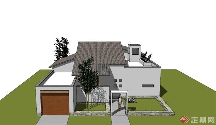 某现代中式一层庭院住宅建筑设计SU模型(1)