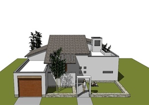 某现代中式一层庭院住宅建筑设计SU(草图大师)模型