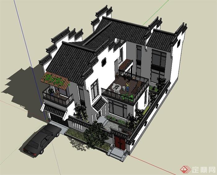 某带露台中式住宅建筑设计SU模型(1)
