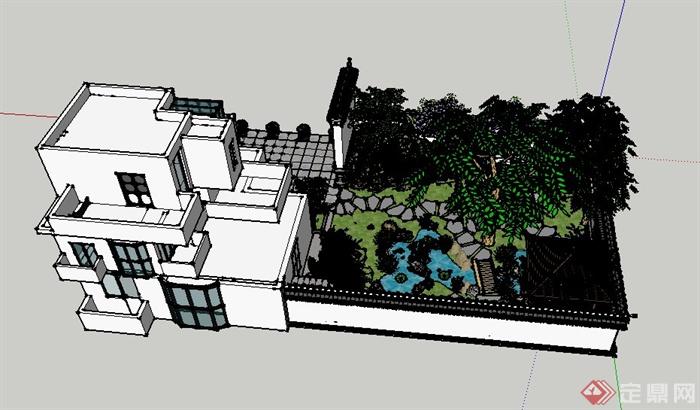 现代某三层住宅建筑庭院景观设计SU模型(1)