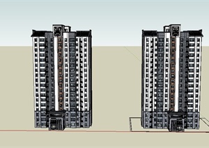 现代两栋高层住宅电梯房建筑设计SU(草图大师)模型