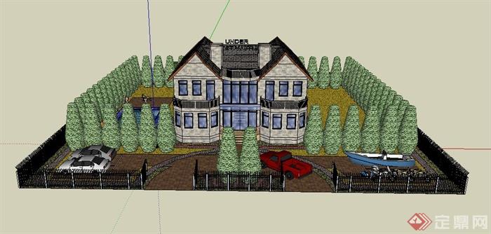 某美式别墅住宅景观设计SU模型(1)