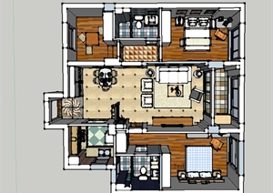 两室一厅一厨两卫住宅室内装饰设计SU(草图大师)模型