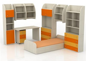 现代风格儿童房床及书柜、书桌家具3DMAX模型（含效果图）