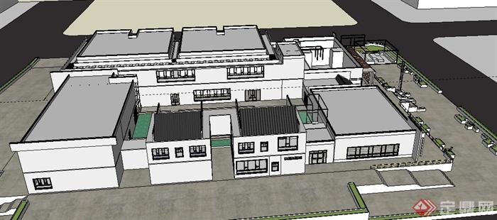 某现代中式小学学校建筑设计SU模型(3)