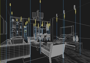 某复式住宅新中式客餐厅、书房、厨房装修设计3DMAX模型
