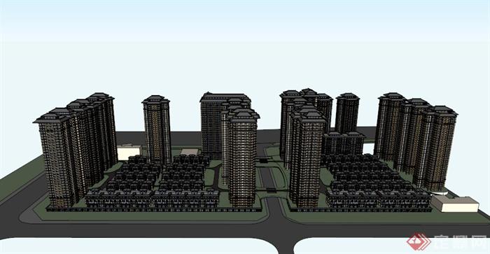 现代某城市电梯房与楼梯房住宅区建筑设计SU模型(1)