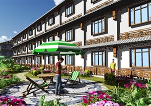 中式生态度假酒店建筑模型（含景观）