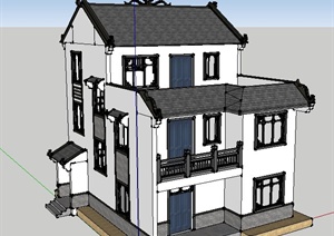 一栋中式风格三层住宅建筑设计SU(草图大师)模型