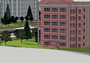 喷泉广场景观带办公建筑、住宅建筑设计方案SU(草图大师)模型