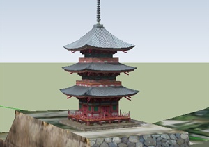 日式风格三层塔楼建筑设计SU(草图大师)模型