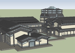 古典中式风格大殿和厢房建筑设计SU(草图大师)模型
