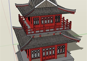 古典中式唐代阁楼建筑设计SU(草图大师)模型