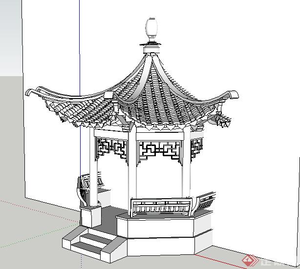 某古典中式风格景观八角亭设计SU模型(1)