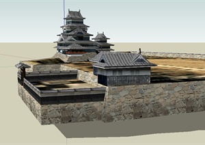日式风格多层坡地古建筑设计SU(草图大师)模型