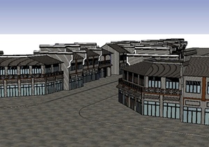 现代中式风格两层商住店铺建筑设计SU(草图大师)模型