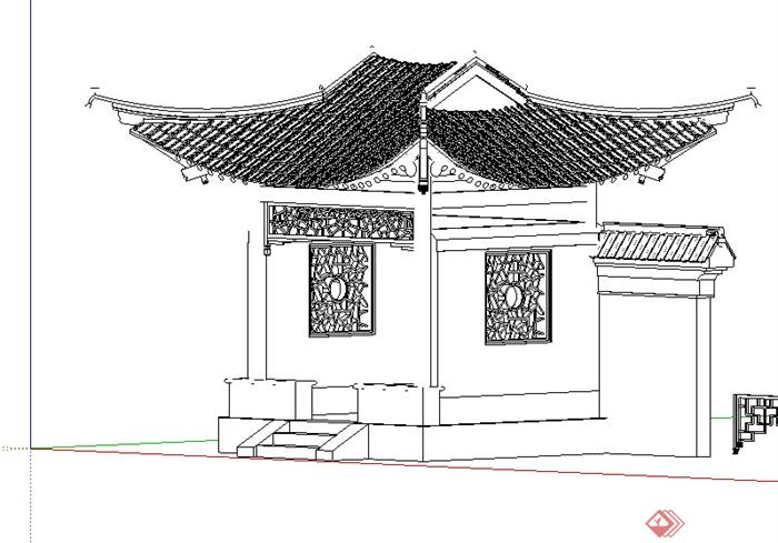 古典中式风格景墙月洞方亭设计SU模型(2)