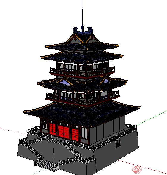 古典中式风格藏经阁建筑设计SU模型(2)