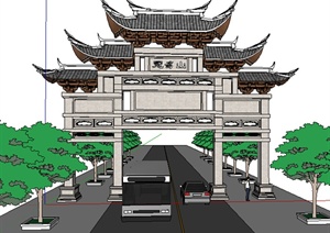 现代中式风格街道牌坊设计SU(草图大师)模型