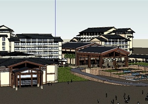 东南亚风格多层酒店建筑设计SU(草图大师)模型