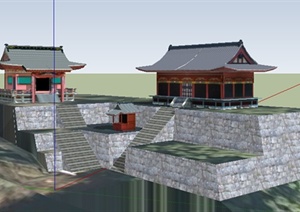 某日式风格单层山地古建筑设计SU(草图大师)模型