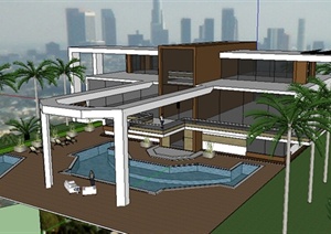 现代风格三层别墅建筑带游泳池设计SU(草图大师)模型