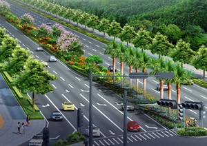 某双行道路景观绿化设计PSD效果图