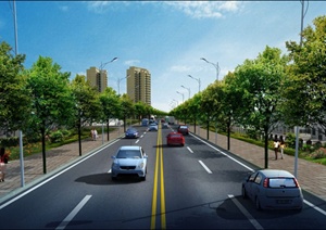 某双行道道路绿化设计PSD效果图