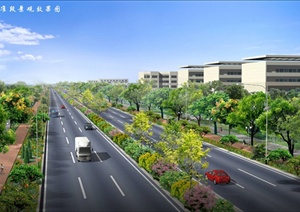 某办公楼外道路绿化设计PSD景观效果图
