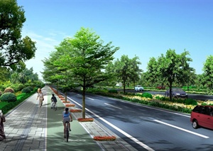 园林景观某路段铺砖道路绿化设计效果图（PSD格式）